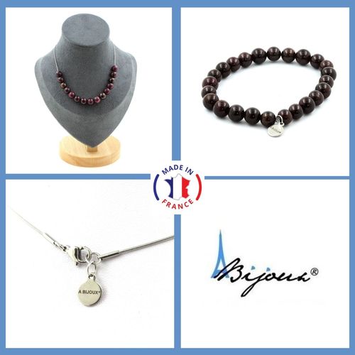 Parure Bijoux Bracelet Collier 15 Perles Grenat 8 Mm. Chaine En Acier Taille Personnalisable.