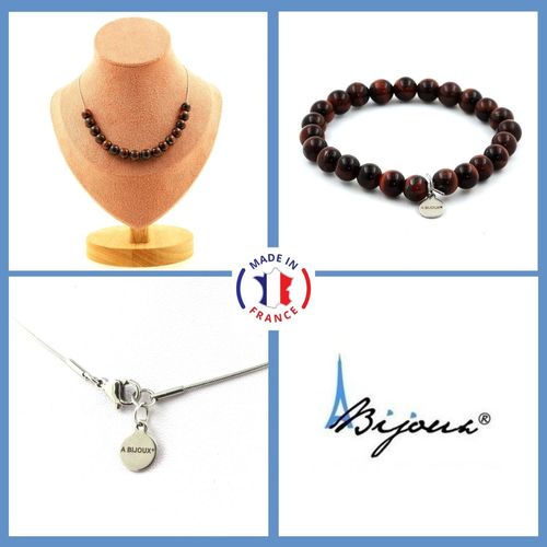 Parure Bijoux Bracelet Collier 15 Perles Oeil De Tigre Rouge 8 Mm. Taille Personnalisable.