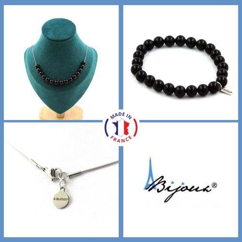 Parure Bijoux Bracelet Collier 15 Perles Agate Noire 8 Mm. Chaine En Taille Personnalisable.