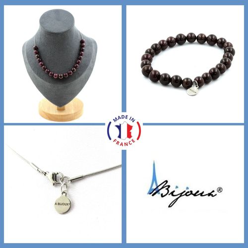Parure Bijoux Bracelet Collier 20 Perles Grenat 8 Mm. Chaine En Acier Taille Personnalisable.