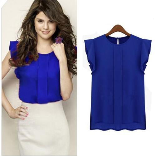 T-Shirt Débardeur Top Femme Tendance Princesse Mode Bleu Roi Mousseline Blouse Chemise Volants Dame Manches Courtes