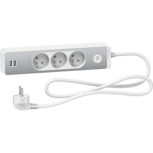 Rallonge Multiprise SCHNEIDER 3 Prises 2P+T Blanche Finition Aluminium Brossé 2 USB 1,5m