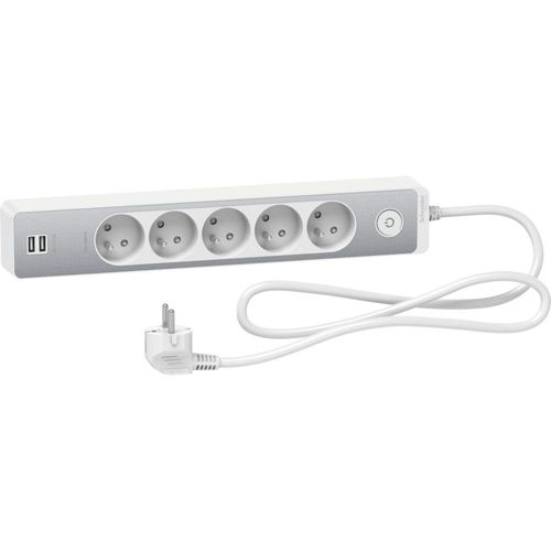 Rallonge Multiprise SCHNEIDER 5 Prises 2P+T Blanche Finition Aluminium Brossé 2 USB 1,5m