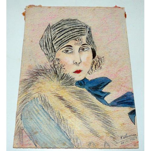 Aquarelle D'une Garçonne Style Art-Déco Année 1929