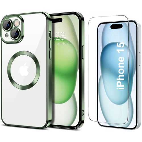 Coque Silicone Pour Iphone 15 Couleur Vert Compatible Magsafe + Verre Trempe Protection Ecran Little Boutik®