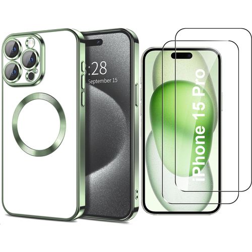 Coque Silicone Pour Iphone 15 Pro Couleur Vert Compatible Magsafe + 2 Verres Trempe Protection Ecran Little Boutik®
