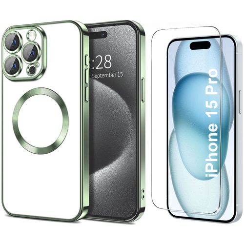 Coque Silicone Pour Iphone 15 Pro Couleur Vert Compatible Magsafe + Verre Trempe Protection Ecran Little Boutik®