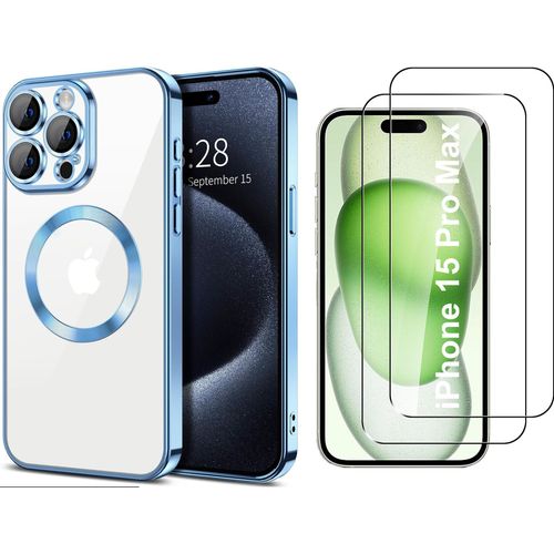Coque Silicone Pour Iphone 15 Pro Max Couleur Bleu Compatible Magsafe + 2 Verres Trempe Protection Ecran Little Boutik®
