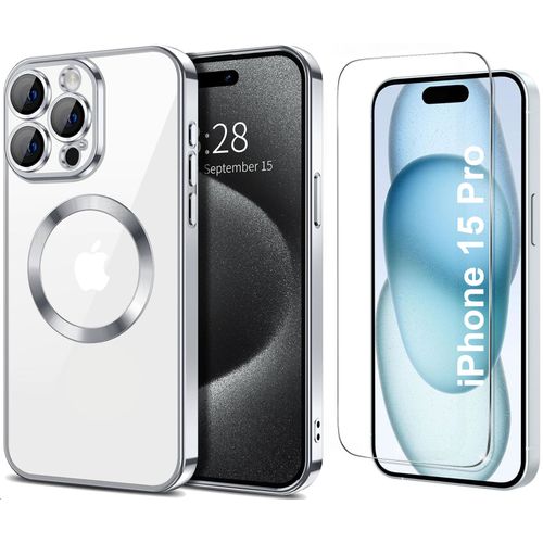 Coque Silicone Pour Iphone 15 Pro Couleur Argent Compatible Magsafe + Verre Trempe Protection Ecran Little Boutik®