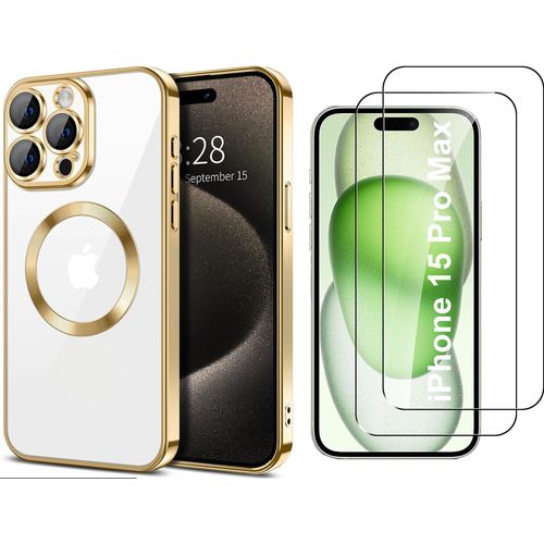 Coque Silicone Pour Iphone 15 Pro Max Couleur Or Compatible Magsafe + 2 Verres Trempe Protection Ecran Little Boutik®