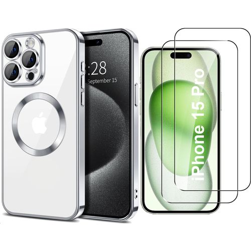 Coque Silicone Pour Iphone 15 Pro Couleur Argent Compatible Magsafe + 2 Verres Trempe Protection Ecran Little Boutik®