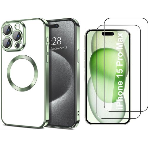 Coque Silicone Pour Iphone 15 Pro Max Couleur Vert Compatible Magsafe + 2 Verres Trempe Protection Ecran Little Boutik®