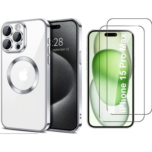 Coque Silicone Pour Iphone 15 Pro Max Couleur Argent Compatible Magsafe + 2 Verres Trempe Protection Ecran Little Boutik®