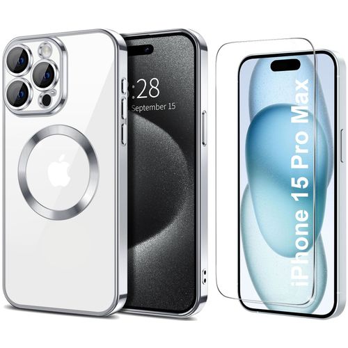 Coque Silicone Pour Iphone 15 Pro Max Couleur Argent Compatible Magsafe + Verre Trempe Protection Ecran Little Boutik®