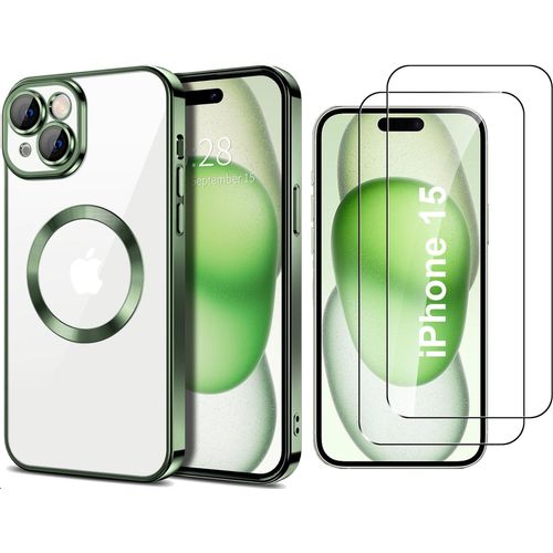 Coque Silicone Pour Iphone 15 Couleur Vert Compatible Magsafe + 2 Verres Trempe Protection Ecran Little Boutik®