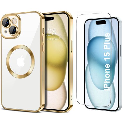 Coque Silicone Pour Iphone 15 Plus Couleur Or Compatible Magsafe + Verre Trempe Protection Ecran Little Boutik®