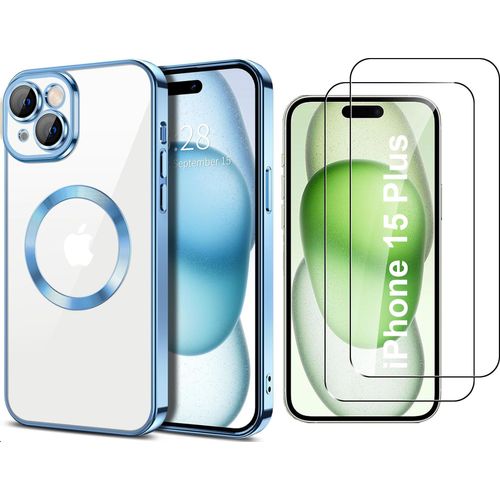 Coque Silicone Pour Iphone 15 Plus Couleur Bleu Compatible Magsafe + 2 Verres Trempe Protection Ecran Little Boutik®