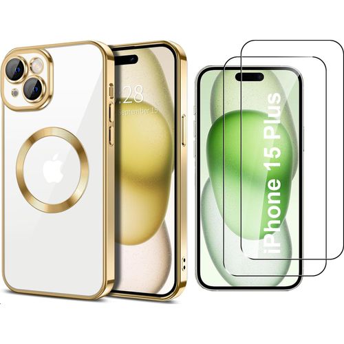 Coque Silicone Pour Iphone 15 Plus Couleur Or Compatible Magsafe + 2 Verres Trempe Protection Ecran Little Boutik®