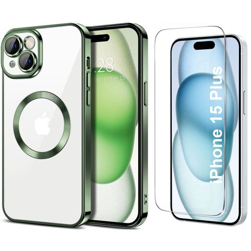 Coque Silicone Pour Iphone 15 Plus Couleur Vert Compatible Magsafe + Verre Trempe Protection Ecran Little Boutik®