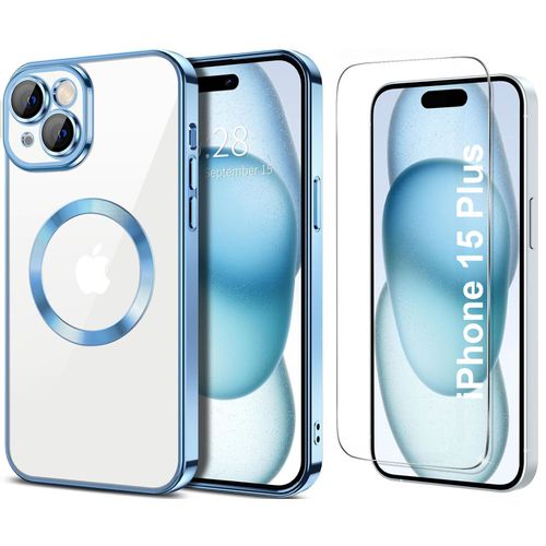 Coque Silicone Pour Iphone 15 Plus Couleur Bleu Compatible Magsafe + Verre Trempe Protection Ecran Little Boutik®