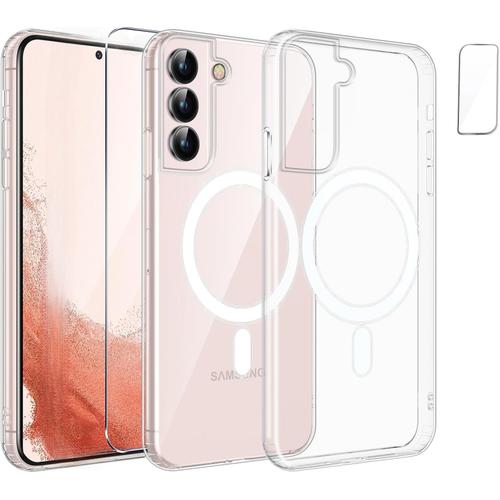 Coque Silicone Transparente Compatible Magsafe + Verre Trempes Et Protection Camera Arriere Transparent Pour Samsung Galaxy S22 Plus Little Boutik©