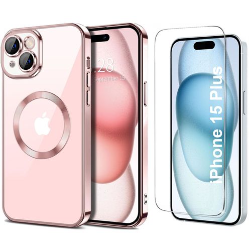 Coque Silicone Pour Iphone 15 Plus Couleur Rose Compatible Magsafe + Verre Trempe Protection Ecran Little Boutik®