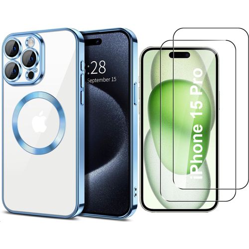 Coque Silicone Pour Iphone 15 Pro Couleur Bleu Compatible Magsafe + 2 Verres Trempe Protection Ecran Little Boutik®