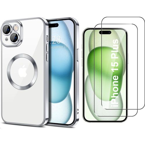 Coque Silicone Pour Iphone 15 Plus Couleur Argent Compatible Magsafe + 2 Verres Trempe Protection Ecran Little Boutik®