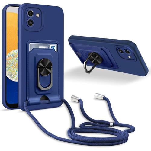 Coque Collier Pour Samsung Galaxy A03: Anneau 360° Avec Fente Carte Et Protection Caméra - Bleu