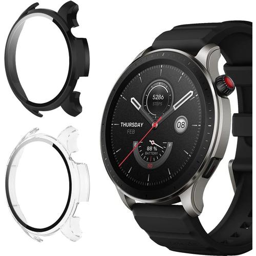 Coque 2 Pièces Pour Amazfit Gtr 4 Avec Verre Trempé Anti-Rayures 9h Et Matériau Durable En Pc - Noir Transparent Ultra-Clair.