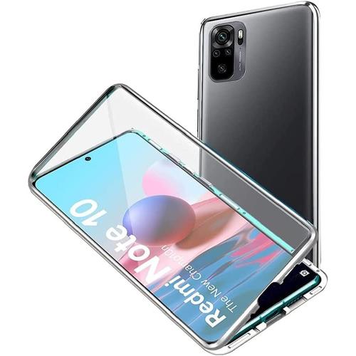 Coque Magnétique Pour Xiaomi Redmi Note 10/10s Avec Protection Complète En Verre Trempé Et Bumper Métallique Flip Case, Argenté