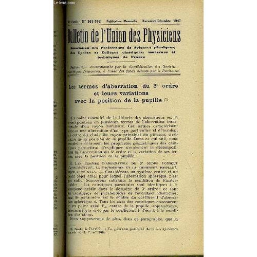 Bulletin De L Union Des Physiciens N° 361-362 - Les Termes D Aberration Du 3e Ordre Et Leurs Variations Avec La Position De La Pupille. Contribution A La Conception Et A L Élaboration Des Programmes(...)