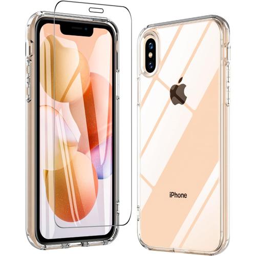 Coque De Protection Iphone X/Xs Militaire En Tpu Avec Verre Blindé, Anti-Chocs, Anti-Traces De Doigts Et Anti-Rayures, Transparent.