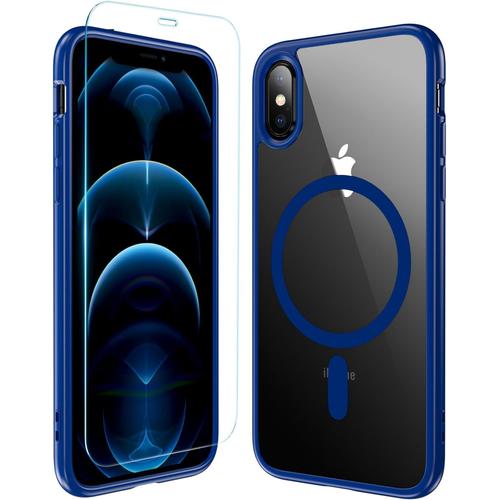 Coque Magnétique Pour Iphone X/Xs, Protection Militaire Avec Verre Blindé, Anti-Traces, Anti-Rayures Et Anti-Chocs, Bleu.