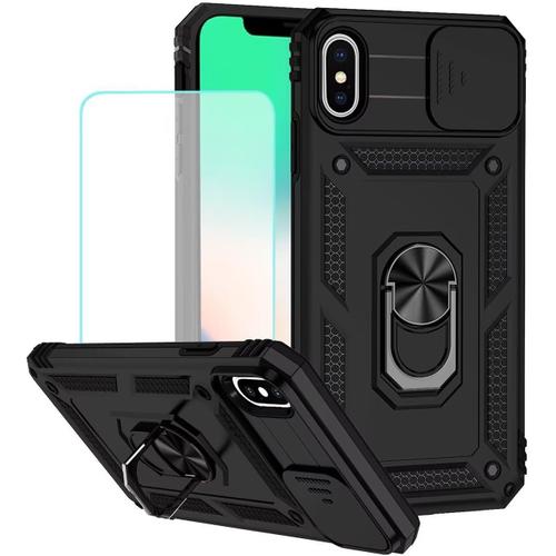 Coque Iphone Xs Max 6,5 Pouces Avec Protection D'écran En Verre Trempé, Anneau Magnétique, Support Voiture Et Béquille - Noir