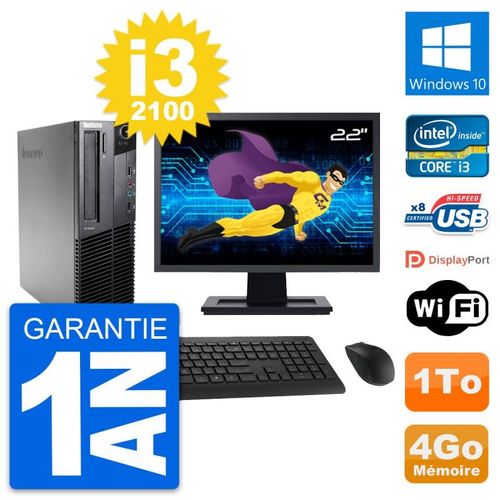 PC Lenovo M82 SFF Ecran 22" Intel i3-2100 RAM 4Go Disque Dur 1To Windows 10 Wifi