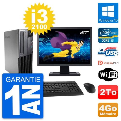 PC Lenovo M82 SFF Ecran 27" Intel i3-2100 RAM 4Go Disque Dur 2To Windows 10 Wifi