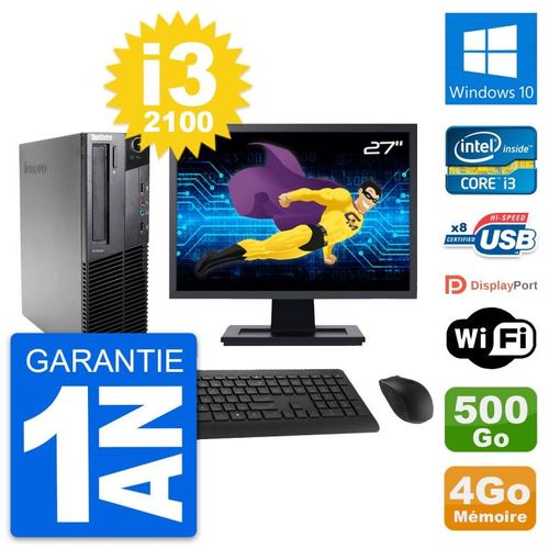 PC Lenovo M82 SFF Ecran 27" Intel i3-2100 RAM 4Go Disque 500Go Windows 10 Wifi
