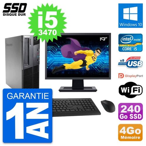 PC Lenovo M82 SFF Ecran 19" Intel Core i5-3470 RAM 4Go SSD 240Go Windows 10 Wifi