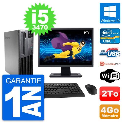 PC Lenovo M82 SFF Ecran 19" Intel i5-3470 RAM 4Go Disque Dur 2To Windows 10 Wifi
