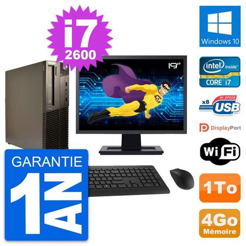 PC Lenovo M82 SFF Ecran 19" Intel i7-2600 RAM 4Go Disque Dur 1To Windows 10 Wifi