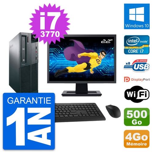 PC Lenovo M82 SFF Ecran 22" Intel i7-3770 RAM 4Go Disque 500Go Windows 10 Wifi