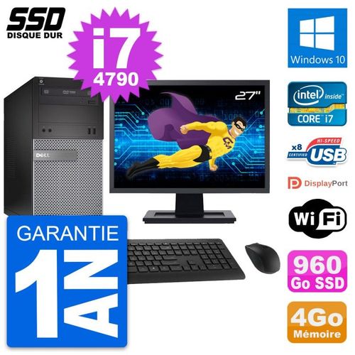 PC Tour Dell 3020 Ecran 27" Intel Core i7-4790 RAM 4Go SSD 960Go Windows 10 Wifi