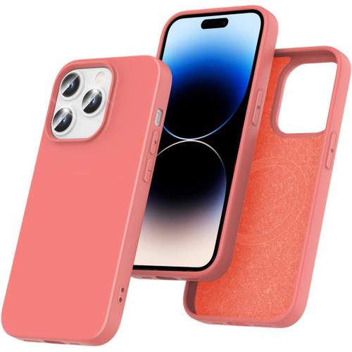 Coque Silicone Magnétique Pour Iphone 14 Pro, Étui De Protection Magsafe Antichoc Souple Anti-Rayures - Pomélo Rose