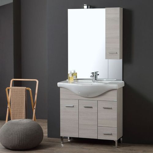 Meuble De Salle De Bains De 85 Cm Sur Pieds Chromés Chêne Blanc Rimini