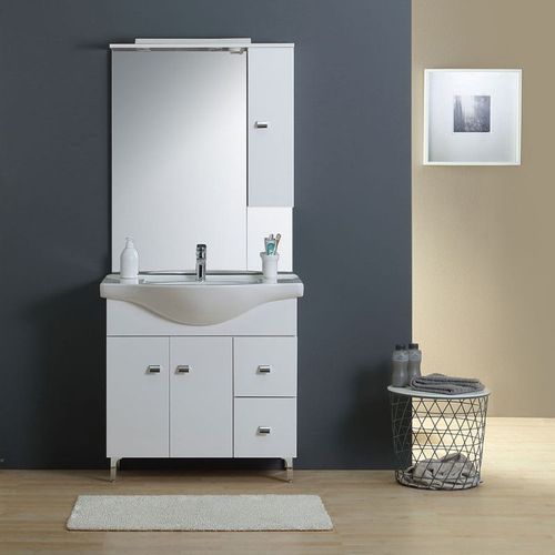 Meuble-Lavabo Salle De Bains 86 Cm, Miroir-Armoire Couleur Blanc