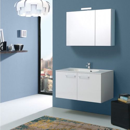 Meuble De Salle De Bains 'boston' 90 Cm Avec Miroir-Armoire Laqué Blanc Brillant