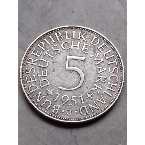 Belle Pièce De 5 Deutschmark 1951j : Allemagne Fédérale ; Frappe Médaille ; Argent À 625 Pours Mille / Inscriptione Sur Bordure : Einickeit-Und-Recht-Und-Freihfit