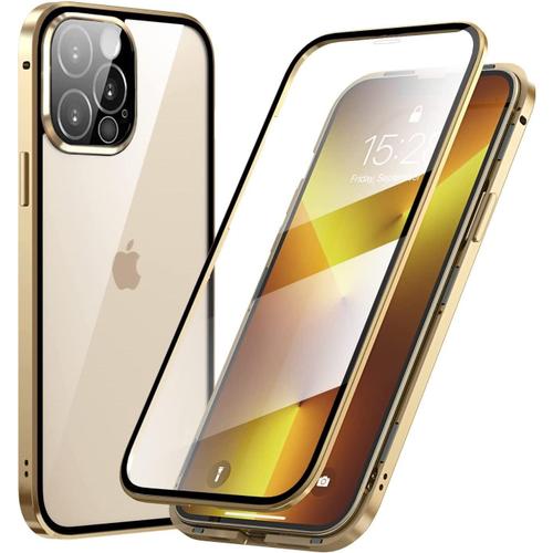 Coque Magnétique En Verre Trempé Pour Iphone 13 Pro Max - Cadre Métallique D'or Offre Une Protection Complète Du Corps.