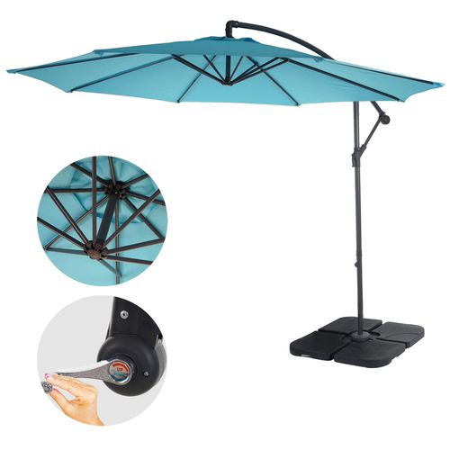 Parasol Déporté Semi-Pro Acerra, Protection Contre Le Soleil, 3m Inclinable   Turquoise Avec Support